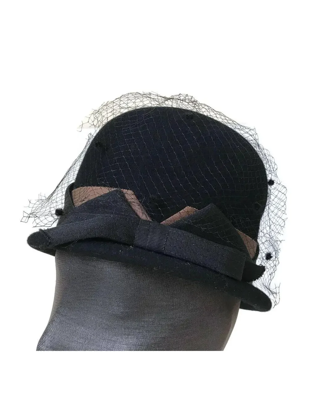 Vintage Black Felt Cloche Hat: 1950s Fawntra Millinery with Netting
